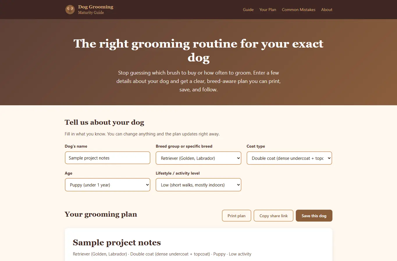 Screenshot of Dog Grooming Maturity Guide interface showing the project page in use